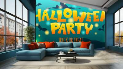 Halloween party Invitation Banner. Flyer or poster with dark background, pumpkins, grave, owl, old skull, candles, bats and clouds. Vector cartoon illustration Wall mural