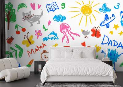 Hand-drawn kids doodle set with childish cute elements: cat, car, sun, cloud, rocket, flower. Vector illustration Isolated on white background Wall mural