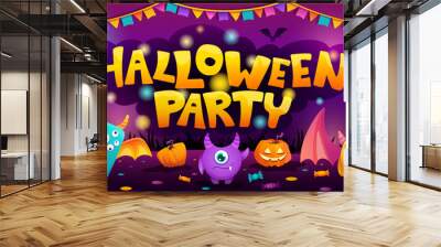 Happy Halloween poster with little cute monsters for kids party. Vector cartoon illustration with Pumpkins, sweets, candies, bats and clouds. Colorful children banner Wall mural