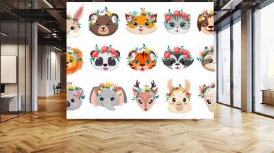 Set of cute animals with flower crown wreaths isolated on white background for nursery posters, birthday greeting cards, wedding design. Vector cartoon illustration Wall mural