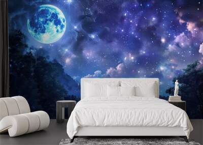 A beautiful night sky with a large blue moon and many stars. The sky is filled with clouds and the moon is shining brightly Wall mural