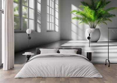 A potted plant sits in a bright room. Perfect for minimalist interior design and home decor. Wall mural