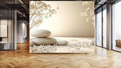 Stack of smooth stones with dried flowers. Perfect for spa, wellness, or natural beauty product promotion. Wall mural