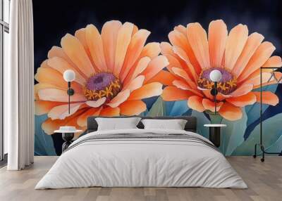 Two orange flowers with dark background. Perfect for nature, floral, and spring themes. Wall mural