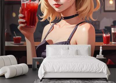 Happy halloween poster with blonde girl wearing cat ears and holding red drink Wall mural