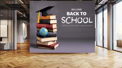 Welcome back to school background with graduation cap on stack of books Wall mural