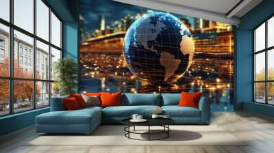 3D world globe highlighting digital commerce routes, flat, international shipping port background, Wall mural