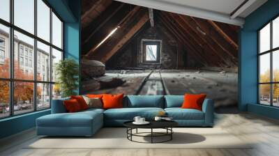 A frame in the attic of an old house, revealing secrets, attic contents softly blurred Wall mural