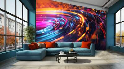 Abstract depiction of vibrant circular sound waves with sparkling energy effects, dark theme Wall mural