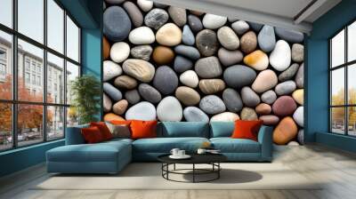 Bird's-eye view of a polished river rock floor, uniquely textured for creative backgrounds, Wall mural