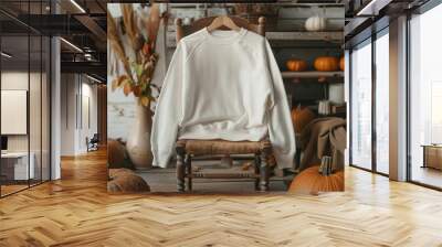 Blank sweatshirt mockup on rustic wooden chair, pumpkin decor, soft lighting Wall mural