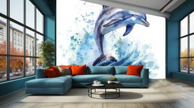 Clipart of a playful dolphin jumping over waves, watercolor on white background Wall mural