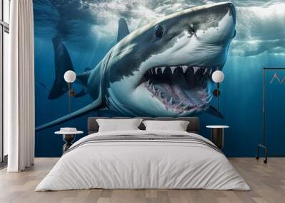 Close-up shot of a great white shark in deep blue water, sharp teeth visible, conveying danger and power, Wall mural