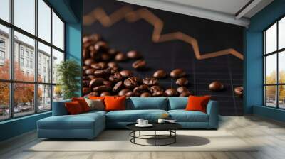 Coffee Beans on Black Background with Rising Graph Line Indicating Growth in Coffee Market Trends Wall mural