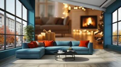 Cozy Christmas living room with gifts and glowing fireplace Wall mural