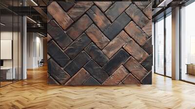 Detailed view from above of a herringbone brick floor, perfect for sophisticated urban designs, Wall mural