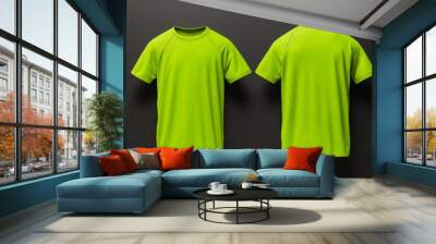 Dual display of a neon green t-shirt mockup, front and back, aimed at high visibility for outdoor activities and safety wear, Wall mural