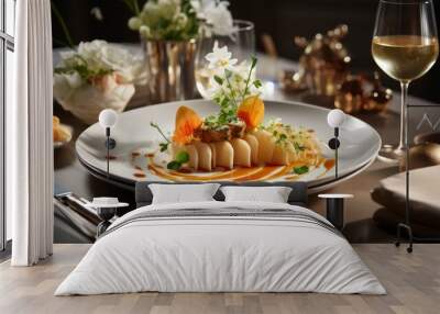 Elegant fine dining table setting with a chef's special dish Wall mural