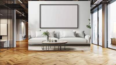 Empty frame on the wall, sleek sofa, and coffee table, with decorative items and a bright, modern living room design, Wall mural