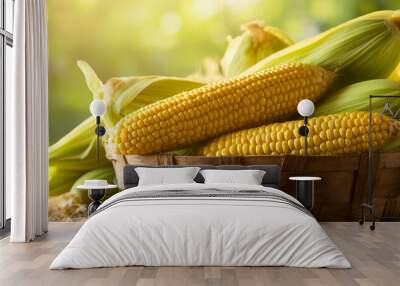 Freshly harvested corn cobs in a wooden crate, farm field background, soft light, copy space, Wall mural