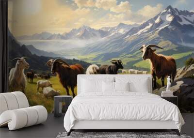 Goats climbing rocky terrain on a rural farm, with mountains in the background Wall mural