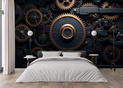 Modern technological marvel, 3D abstract gears and circuits in luxury dark tones Wall mural