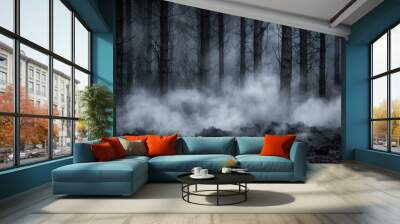 Mysterious fog enveloping a dark forest landscape Wall mural