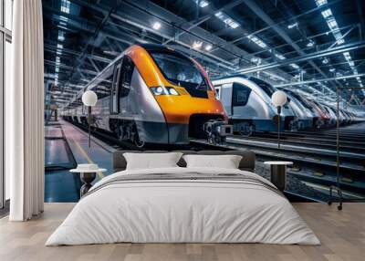 Photo of a high-speed train assembly line, showcasing modern transportation manufacturing and engineering, Wall mural