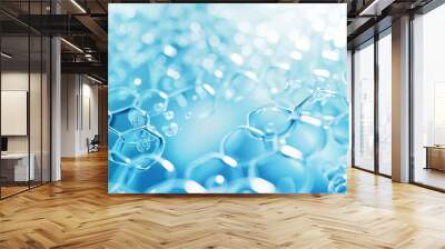 Polyglutamic acid boosting hydration in hexagonal skin patterns, blurred aquatic background Wall mural