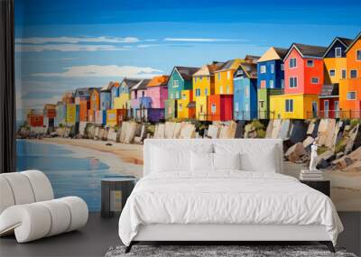 Row of beach houses with vibrant colors and ocean view, Wall mural