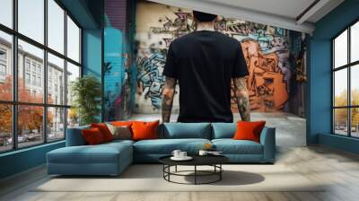 Streetwear style black t-shirt back view mockup, on a graffiti wall background, reflecting urban fashion, Wall mural