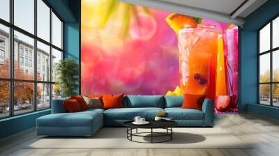 Summer sales banner with tropical fruit cocktails, vivid colors, party vibe, festive cocktail hour copy space Wall mural