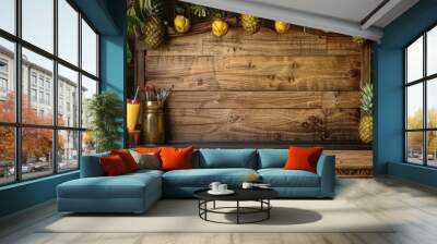 Tiki bar with wooden sign border, drink up summer sales in text area Wall mural