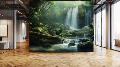 Tranquil rainforest waterfall with lush greenery, cascading water, and a misty environment, Wall mural