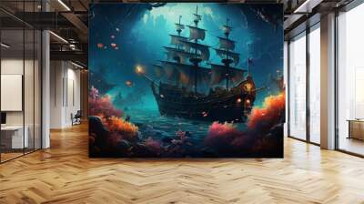 Underwater scene with a sunken ship and glowing marine life Wall mural