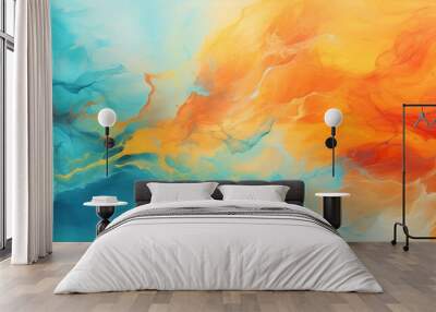 Vivid orange and turquoise watercolor splash background, blending seamlessly, Wall mural