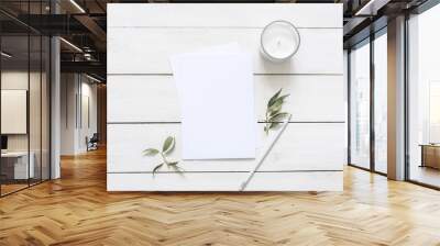 Modern flat lay with card blank space, stationary, candle, leaves, white pencil. Ready for you to insert your text, invitation, wedding or logo. Best for social media, backgrounds, blogs Wall mural