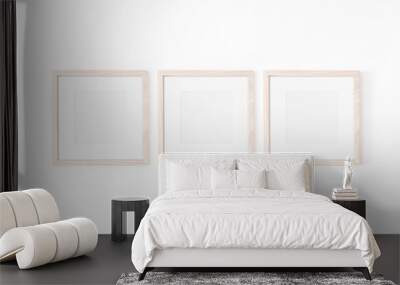 Set of 3 square Wooden frame mockup with passe-partout on white wall. Poster mockup. Clean, modern, minimal frame. Empty fra.me Indoor interior, show text or product Wall mural