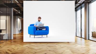 Cartoon beard character man lotus pose work with laptop on blue armchair isolated over white background. Wall mural