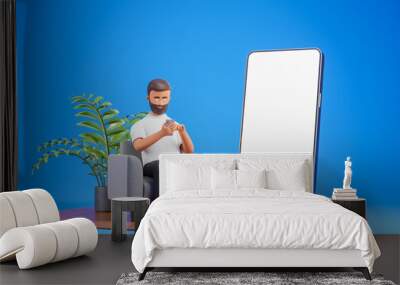 Cartoon beard character man seat on gray armchair on wooden podium with big white blank screen phone and use smartphone. Application presentation. Wall mural