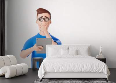 Cartoon beard pensive character man in blue tshirt hold digital tablet and think dream about over white background. Wall mural