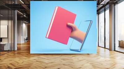 Cartoon hand hold and give red book through smartphone on the blue background. E-book and online education concept. Wall mural