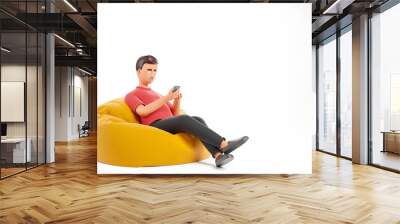 Cartoon young character man in ren t-shirt relaxing at bean bag sofa and use smartphone isolated over white background. Wall mural