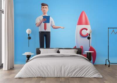 Confident cartoon character businessman with digital tablet stand over blue background with red rocket. Wall mural