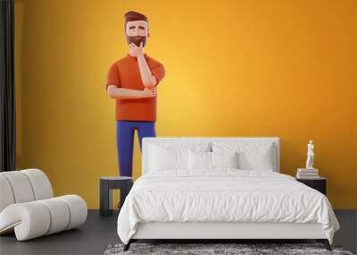 Portrait of cartoon thinking man in orange t-shirt posing over yellow background. Wall mural