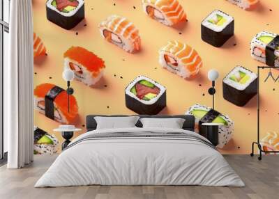 Various sushi and rolls on an orange background, top view flat lay. Creative food background, Japanese roll pattern. Fresh healthy trendy food Wall mural