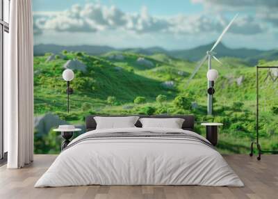 Windmills against the backdrop of a beautiful green landscape. 3D model of a wind park. Eco-friendly Wind turbines for energy production, modern technologies Wall mural