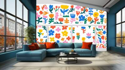 Abstract flower pattern. Doodle plant seamless background. Colorful floral elements, bloom, leaves and branches. Cutout paper botanic shapes. Kids naive style vector set Wall mural