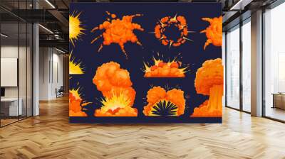 Bomb explosion. Cartoon dynamite explosions effect, fire and explosive clouds. Destruction bombs flame. Comic danger boom clouds for digital game. Vector set Wall mural