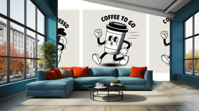 Cartoon coffee character. Comic vintage style coffee to go poster. Retro concept with breakfast drinks in cup for cafe. Walking mascot cappuccino take away. Vector illustration Wall mural